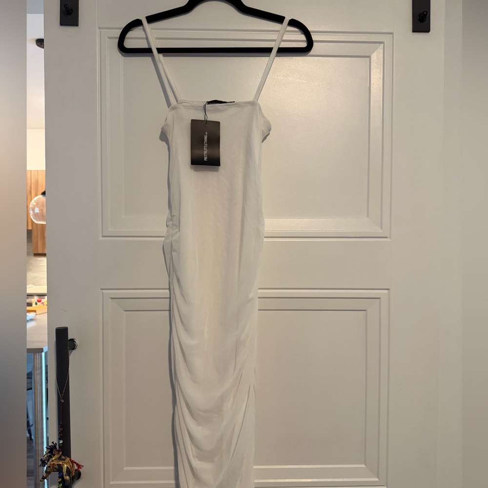 PrettyLittleThing White Strappy Maxi Dress with Side Ruching